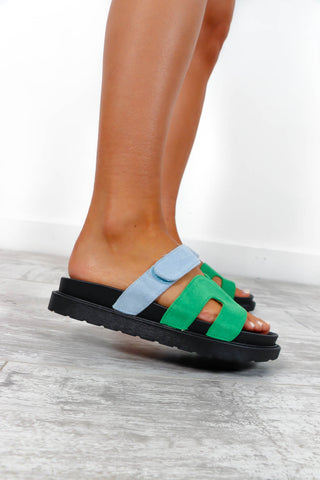 Comfort Is Key - Green Blue Faux Suede Sandals