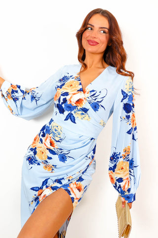 A Class Of Your Own - Blue Floral Print Midi Dress