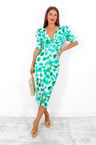 Love You Knots - Green Printed Knot Front Midi Dress