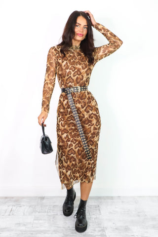 Utterly Obsessed - Beige Black Leopard Heart Mesh Midi Dress