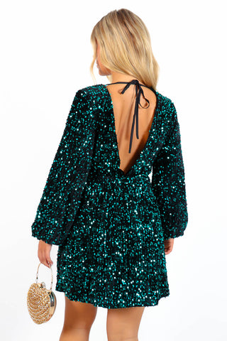 Spotlight On Me - Green Sequin Plunge Mini Dress