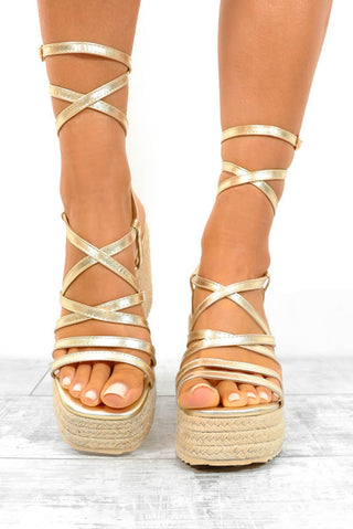 Golden Girl - Gold Strappy Espadrille Platform Heels