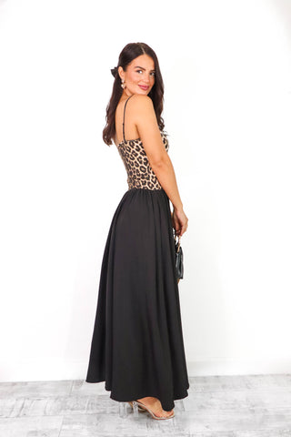 Cold As Bodice - Beige Leopard Diamante Bodice Maxi Dress