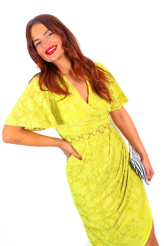She Leaves A Burn - Lime Burnout Wrap Midi Dress
