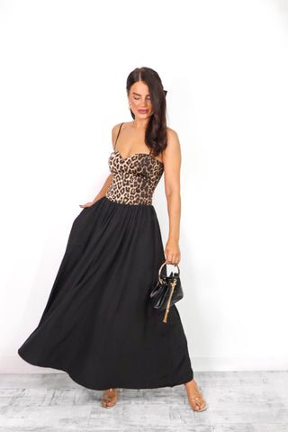 Cold As Bodice - Beige Leopard Diamante Bodice Maxi Dress