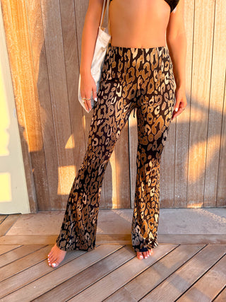 Shes Got Flare - Black Beige Leopard Flare Leg Trousers