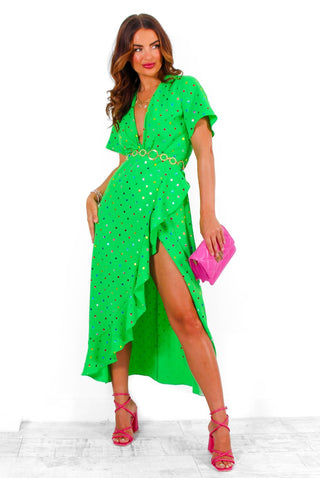 Out Your League - Green Multi Foil Spot Midi Dress