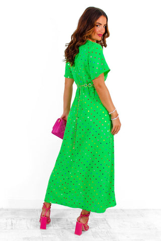 Out Your League - Green Multi Foil Spot Midi Dress