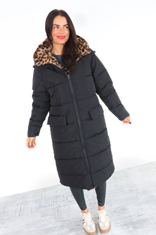 Seeing Double - Black Leopard Print Reversible Longline Puffer Coat