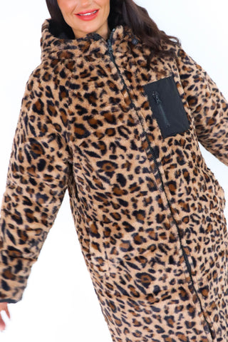 Seeing Double - Black Leopard Print Reversible Longline Puffer Coat