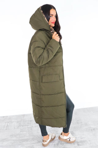 Seeing Double - Khaki Leopard Print Reversible Longline Puffer Coat