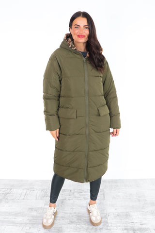 Seeing Double - Khaki Leopard Print Reversible Longline Puffer Coat