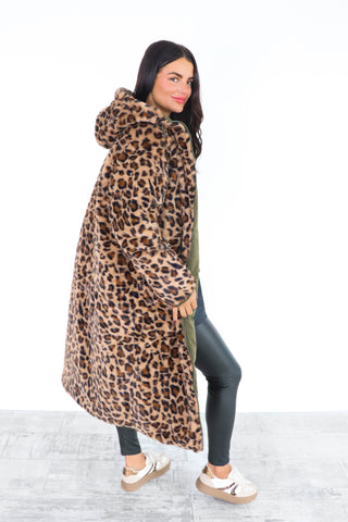 Seeing Double - Khaki Leopard Print Reversible Longline Puffer Coat