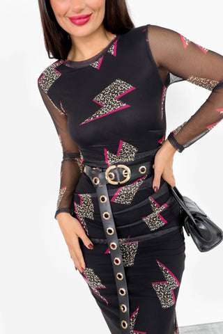 Out Of This World - Black Leopard Lightning Bolt Mesh Midi Dress