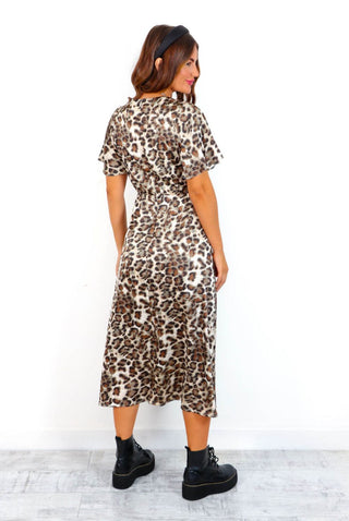 Let's Split - Brown Leopard Print Midi Dress