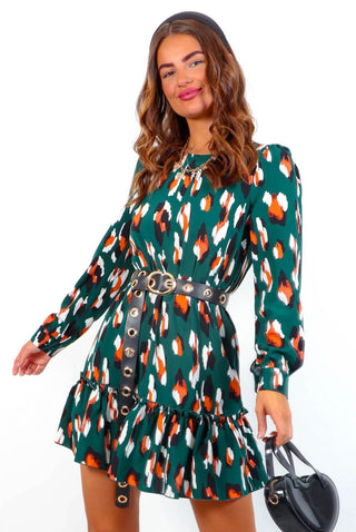 Good Vibes Only  - Forest Burnt Orange Leopard Mini Dress