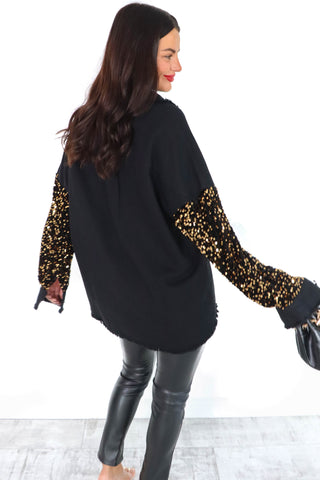 She's In Your Pocket - Black Denim Sequin Sleeve Shirt