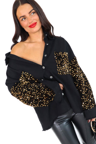 She's In Your Pocket - Black Denim Sequin Sleeve Shirt