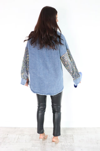 She's In Your Pocket - Blue Denim Sequin Sleeve Shirt