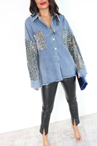 She's In Your Pocket - Blue Denim Sequin Sleeve Shirt