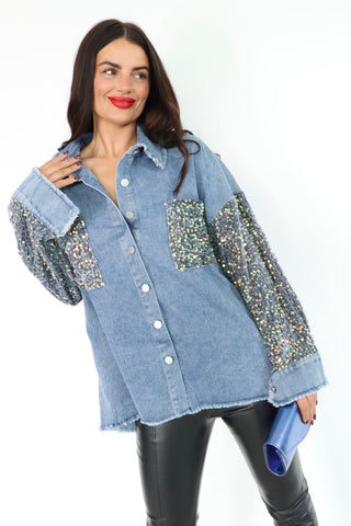 She's In Your Pocket - Blue Denim Sequin Sleeve Shirt