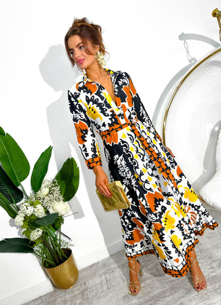 The Girl Is Wild - Black Brown Abstract Floral Print Midi Dress