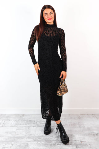 Its Sheer Luck - Black Leopard Print Mesh Midi Dress