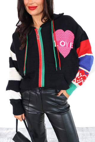 Knit Might Be Love- Love Graphic Black Knitted Zip Up Hoodie