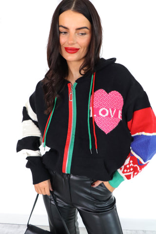 Knit Might Be Love- Love Graphic Black Knitted Zip Up Hoodie