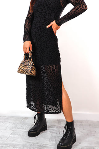 Its Sheer Luck - Black Leopard Print Mesh Midi Dress