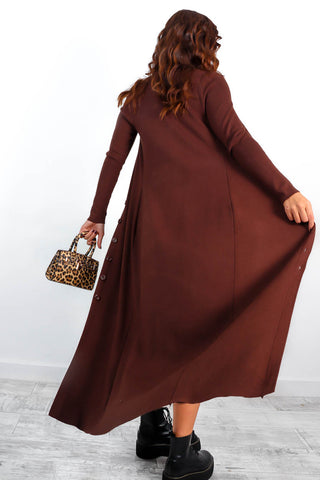 Button It - Chocolate Knitted Cardigan Midi Dress