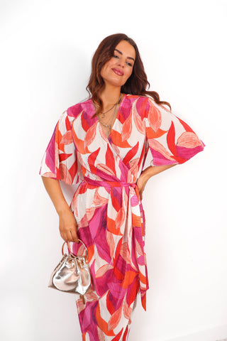 Wrap Me Up - Pink Orange Printed Midi Dress