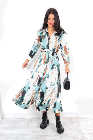 The Girl Is Wild - Green Blue Abstract Printed Midi Dress