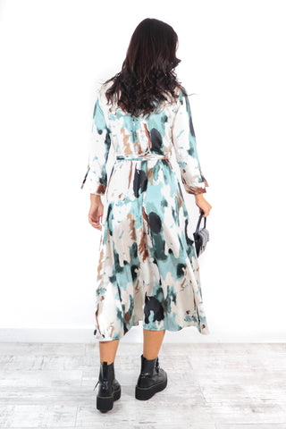 The Girl Is Wild - Green Blue Abstract Printed Midi Dress