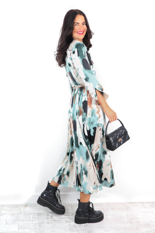 The Girl Is Wild - Green Blue Abstract Printed Midi Dress