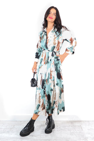 The Girl Is Wild - Green Blue Abstract Printed Midi Dress