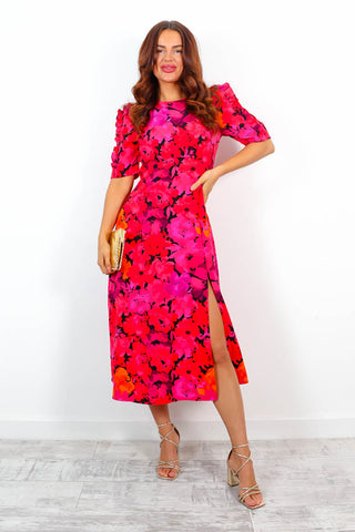 Law of The Jungle - Pink Red Floral Midi Dress