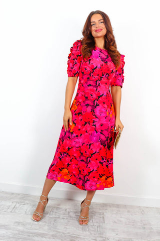 Law of The Jungle - Pink Red Floral Midi Dress