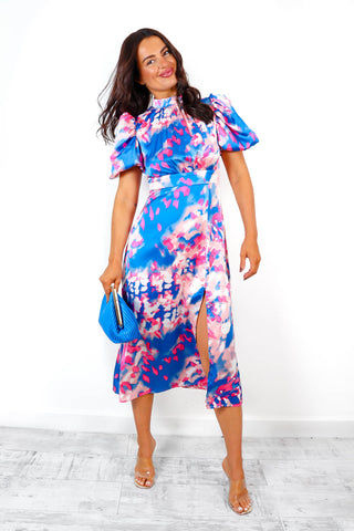 Got The Flower - Blue Pink Abstract Print Midi Dress