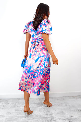 Got The Flower - Blue Pink Abstract Print Midi Dress