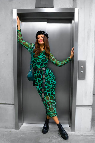 Out Of This World - Green Leopard Mesh Midi Dress