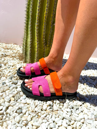 Comfort Is Key - Pink Orange Faux Suede Sandals