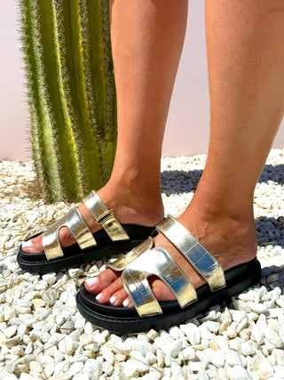 Comfort Is Key - Gold Faux Leather Croc Sandals