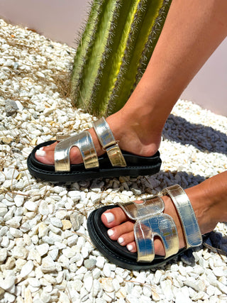 Comfort Is Key - Gold Faux Leather Croc Sandals