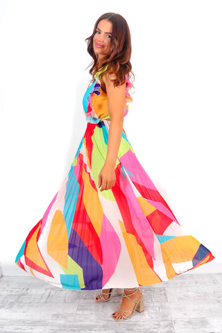 Mamma Mia -  Multi Abstract Print Pleated Maxi Dress