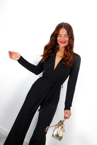 Wrapped In Mystery - Black Wrap Front Wide Leg Jumpsuit