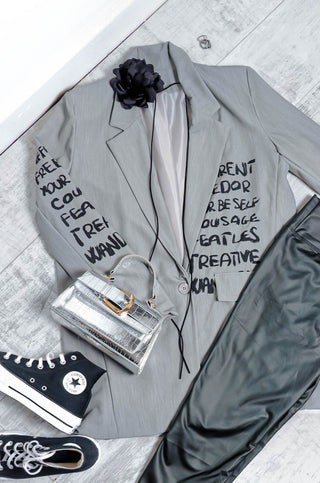 Not Your Business - Greys Oversized Slogan Sleeve Blazer