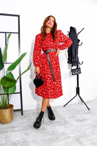 Spot My Baby - Red Leopard Print Long Sleeve Midi Dress