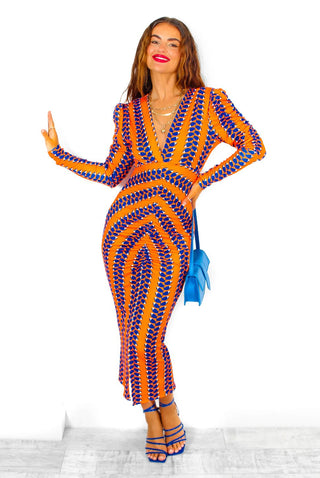 I'd Want To Be Me Too - Orange Cobalt Print Plunge Ruched Midi Dress