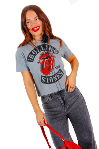 I'm With The Band - Grey Red Rolling Stones Licensed Crop T-Shirt
